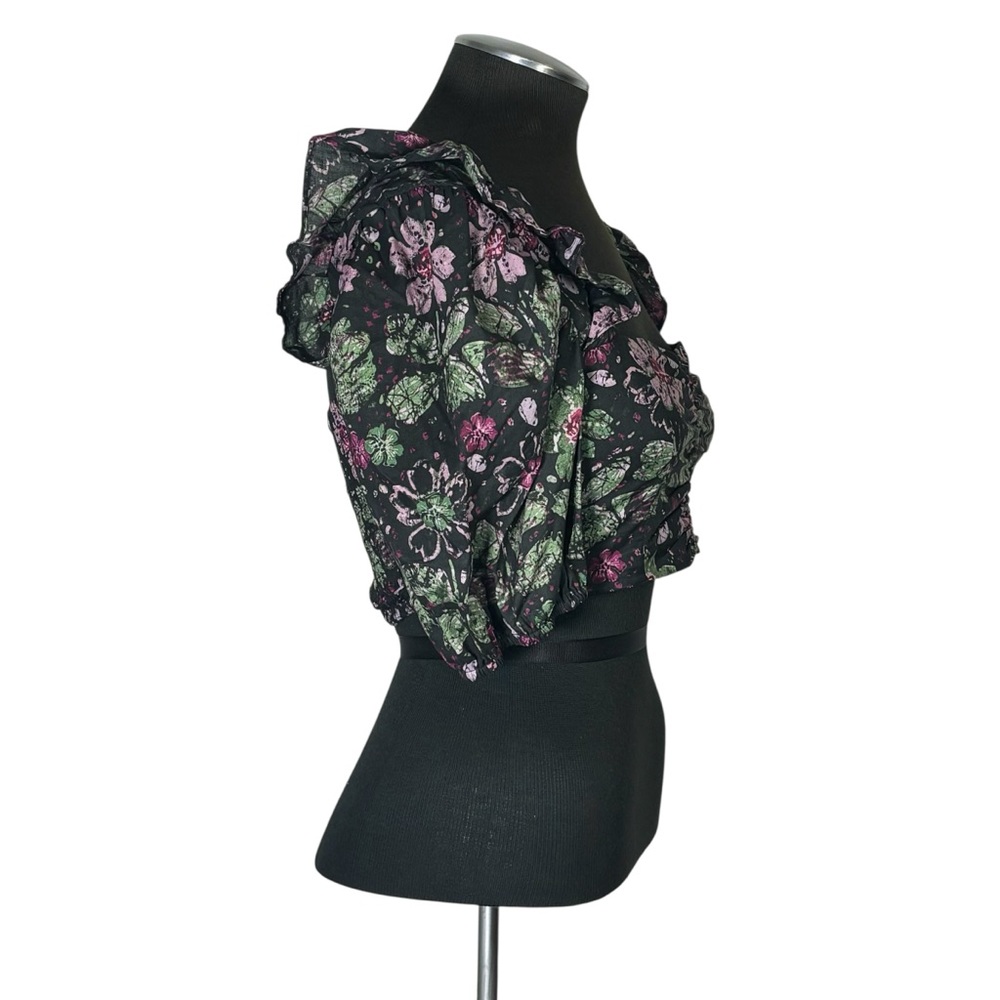 Zara – Floral Puff Sleeve Square Neck Cotton Blend Crop Top - Extra Small XS - Picture 5 of 9